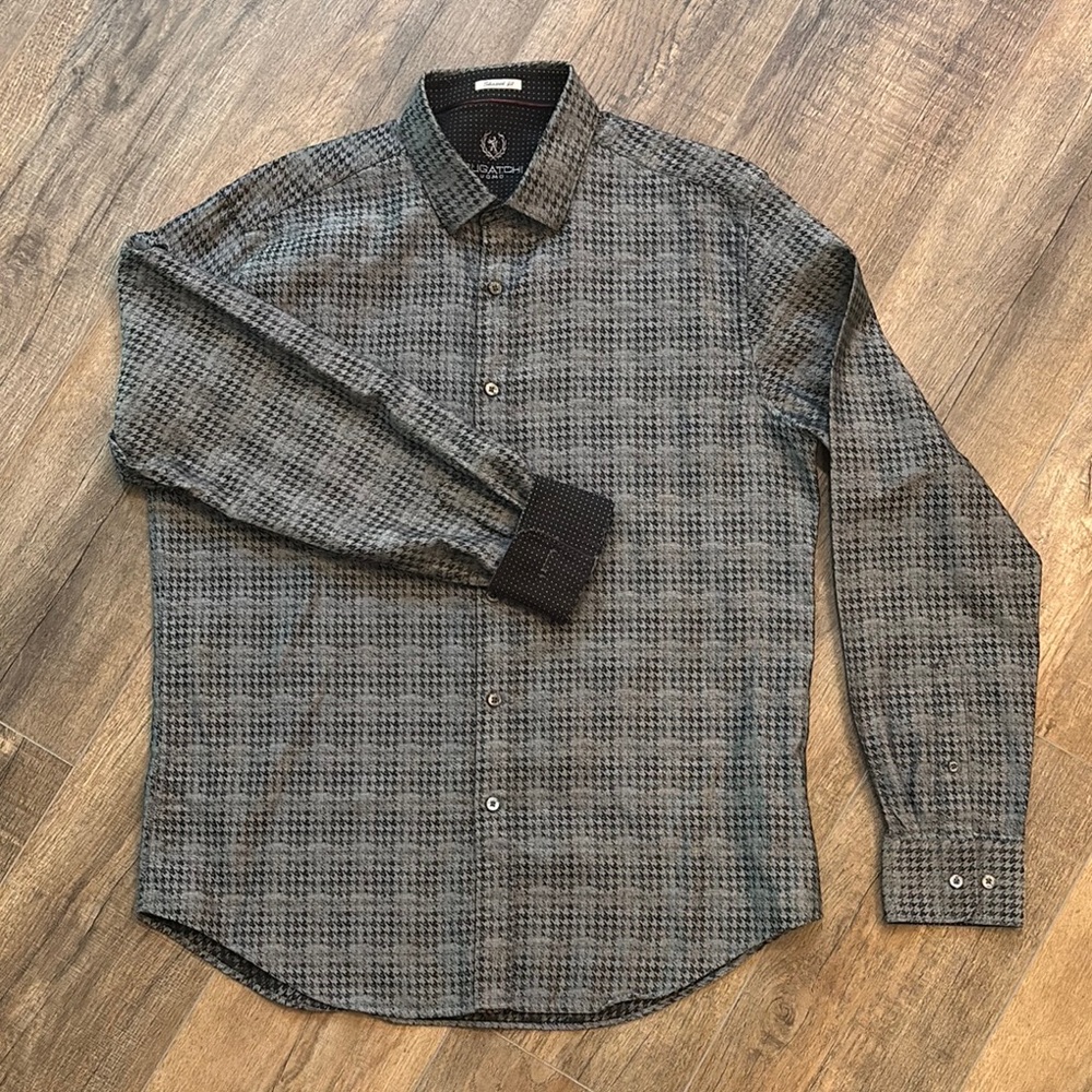 Bugatchi Men’s Size L Black and Gray Casual Button Down Shirt Shaped Fit